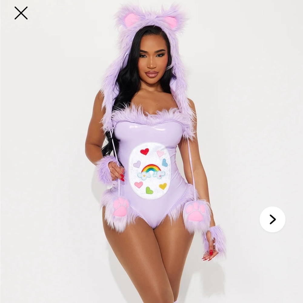 Fashion Nova Lavender Fuzzy Hooded Bear Bodysuit with Rainbow Patch